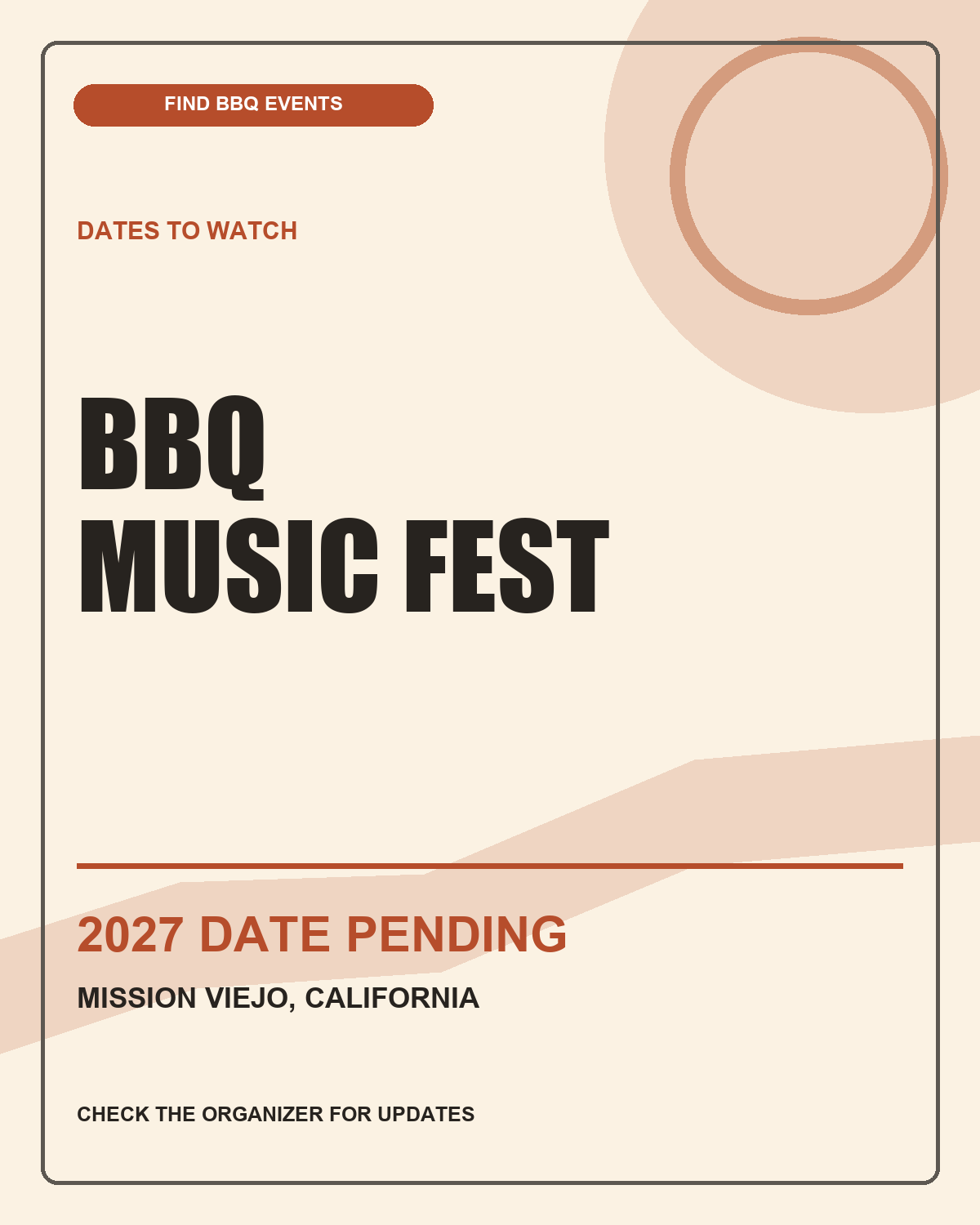 Find BBQ Events listing graphic for BBQ Music Fest; 2027 dates to be confirmed.