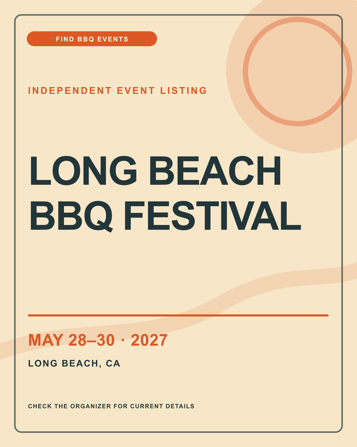 Find BBQ Events listing graphic for the 2027 Long Beach BBQ Festival; details coming soon.