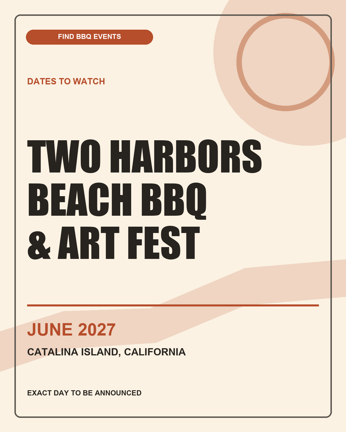 Find BBQ Events listing graphic for Two Harbors Beach BBQ & Art Fest; June 2027 exact day pending.